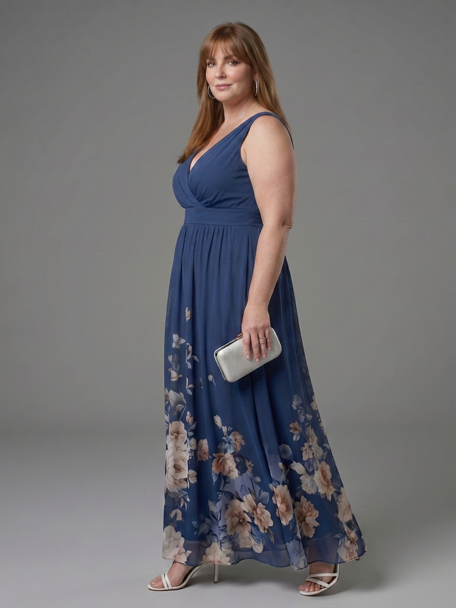 Clarissa | Sleeveless V Neck Soft Floral Hem Midi Dress - Plus size model