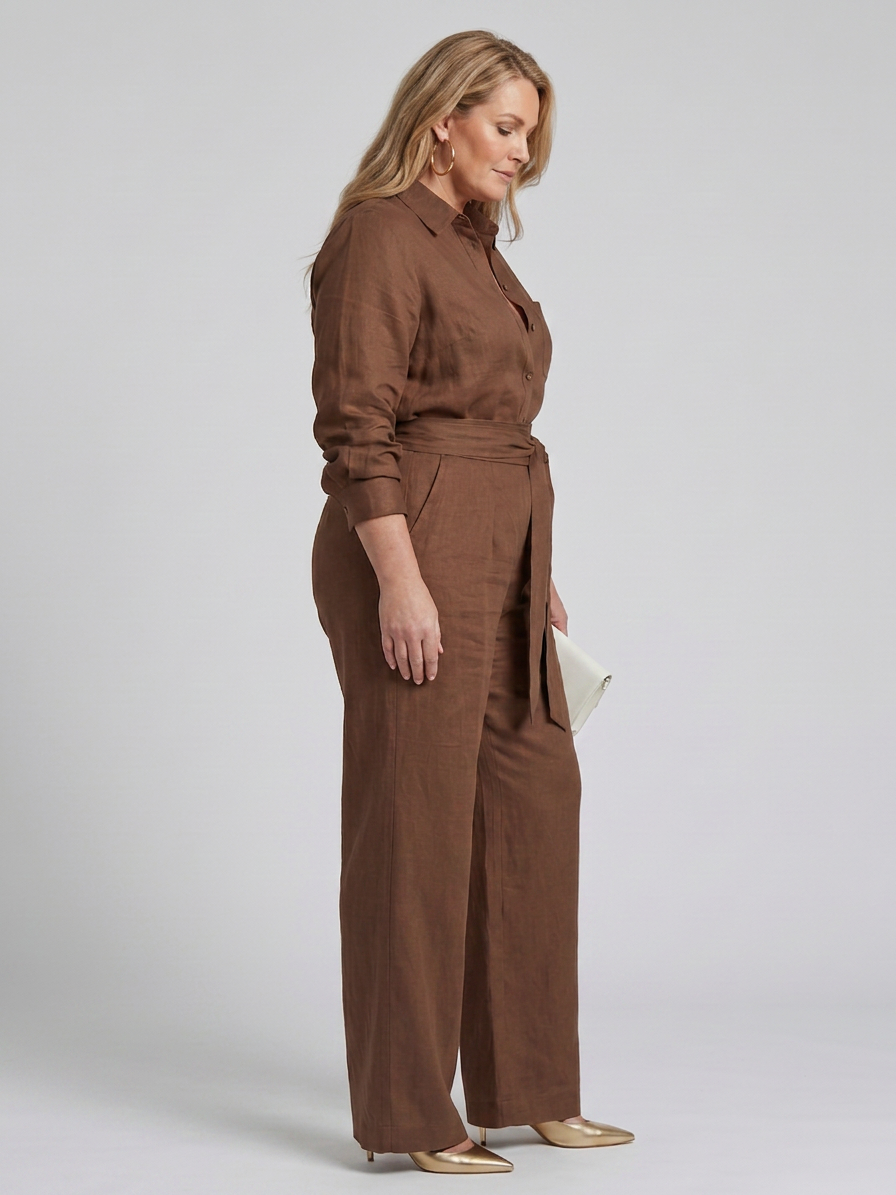 Jovie | Long Sleeve Button Front Wide Leg Jumpsuit - Plus size model