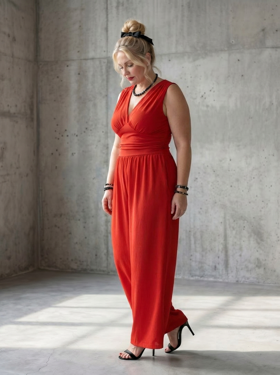Vincenza | Deep V Waist Defined Wide Leg Jumpsuit - Plus size model