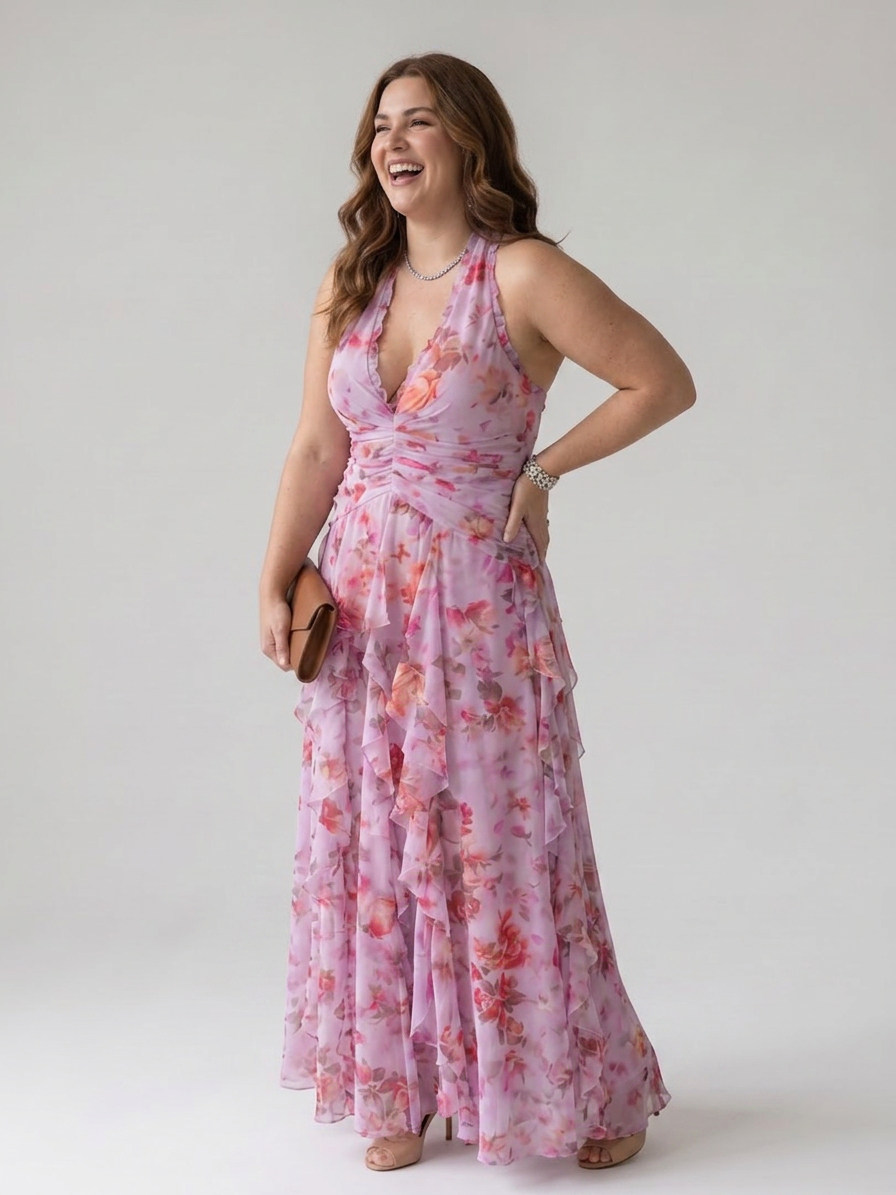 Nori | Halter Neck Ruched Bodice Floral Maxi Dress - Plus size model