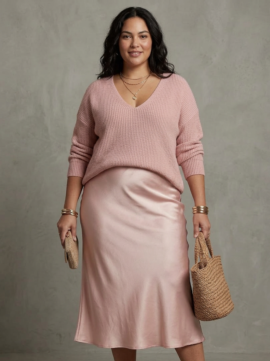 Luciana | Bias Fall Satin Skirt Knit Layer Set - Plus size model