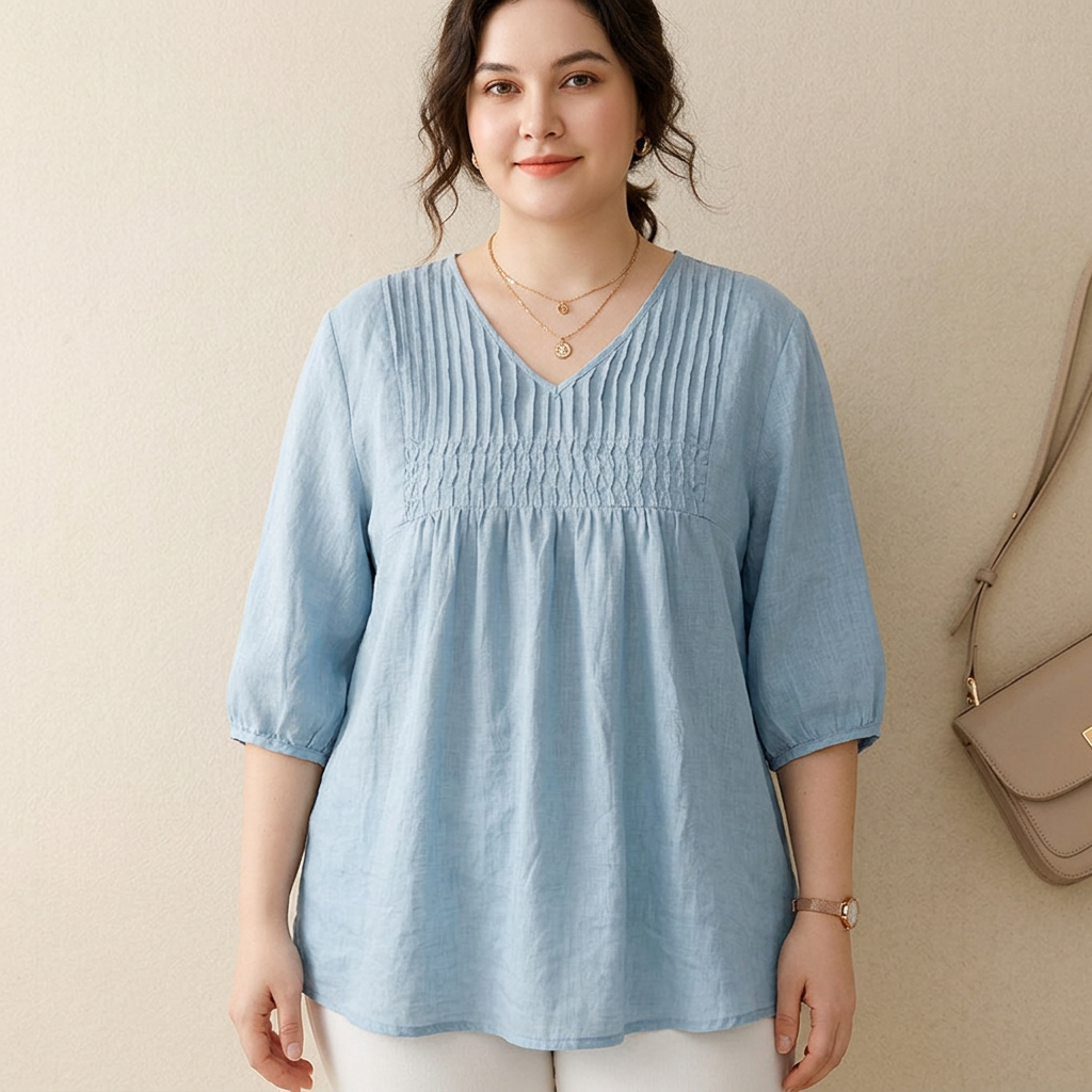 Blake - Pure Linen Cotton Pleated Comfortable tunic - Plus size model
