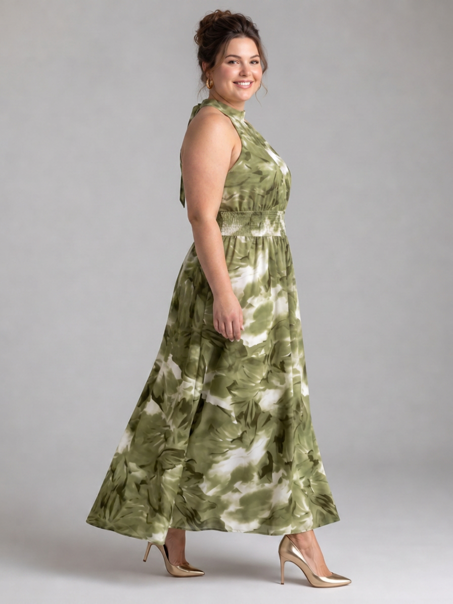 Olivia | Gathered Waist Abstract Print Midi Dress - Plus size model