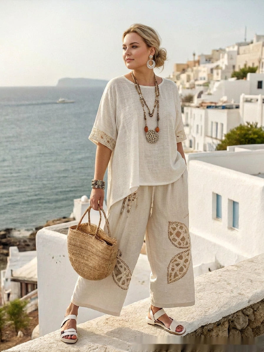 Elarisse | Boho Embroidered Coastal Set - Plus size model