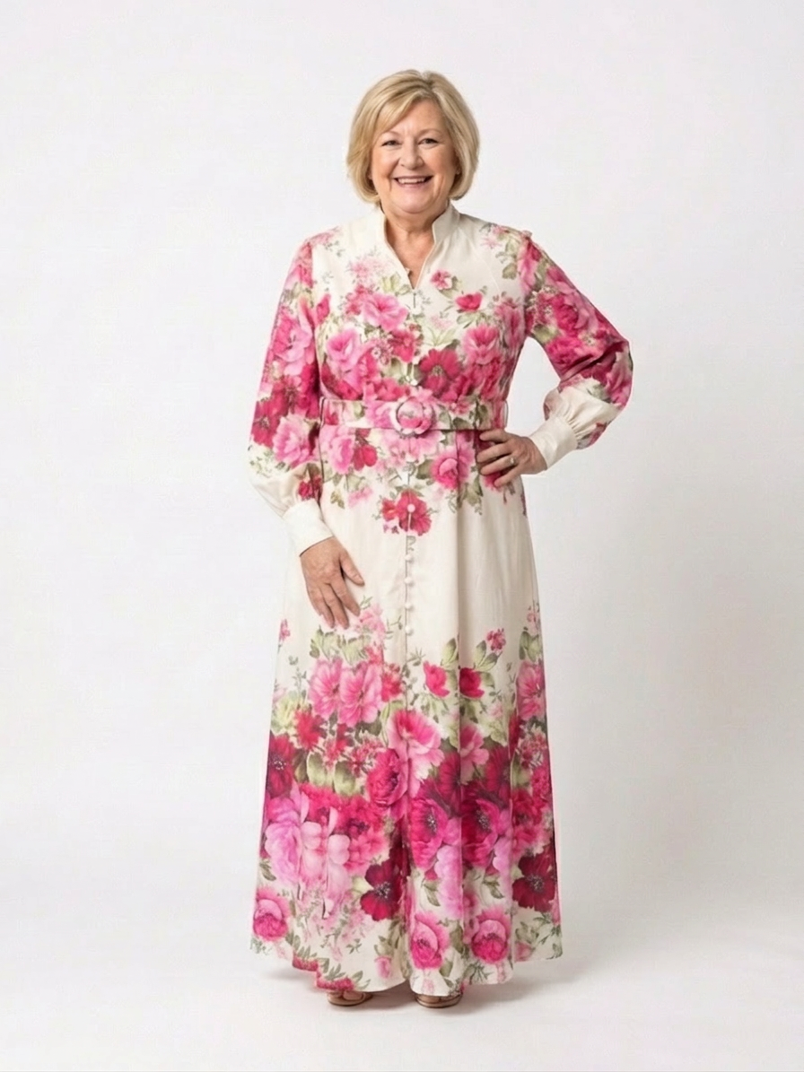Kennedy | Long Sleeve Floral Belted Maxi Dress - Plus size model