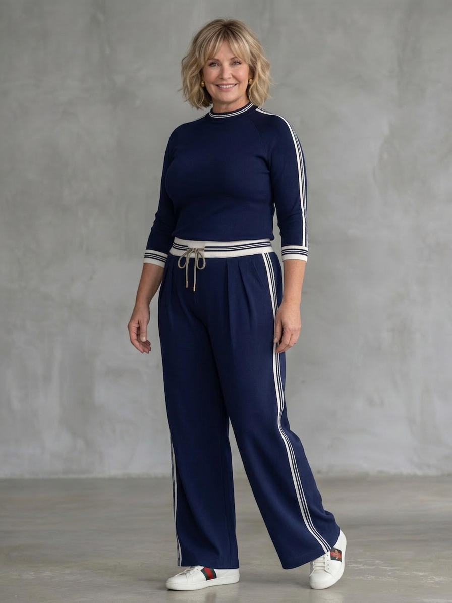 Eirlys | Fitted Long Sleeve Top Wide Leg Pants Set - Plus size model