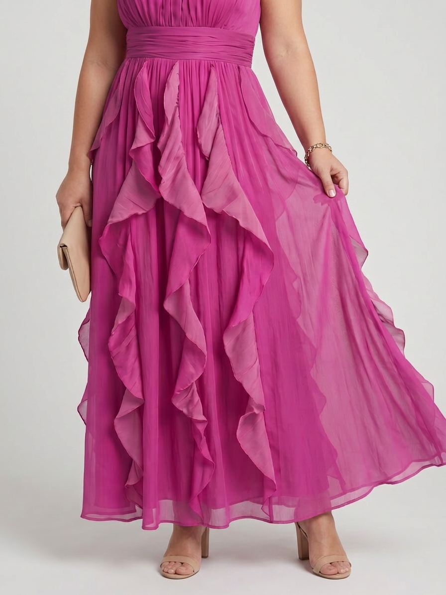 Orea | High Neck Gathered Ruffle Layers Maxi Dress - Plus size model