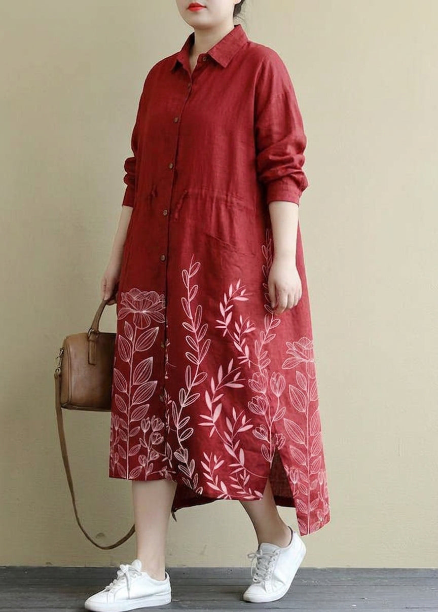 Sienna - Red Linen Shirt Dress Casual Oversize Spring Maxi Dresses - Plus size model