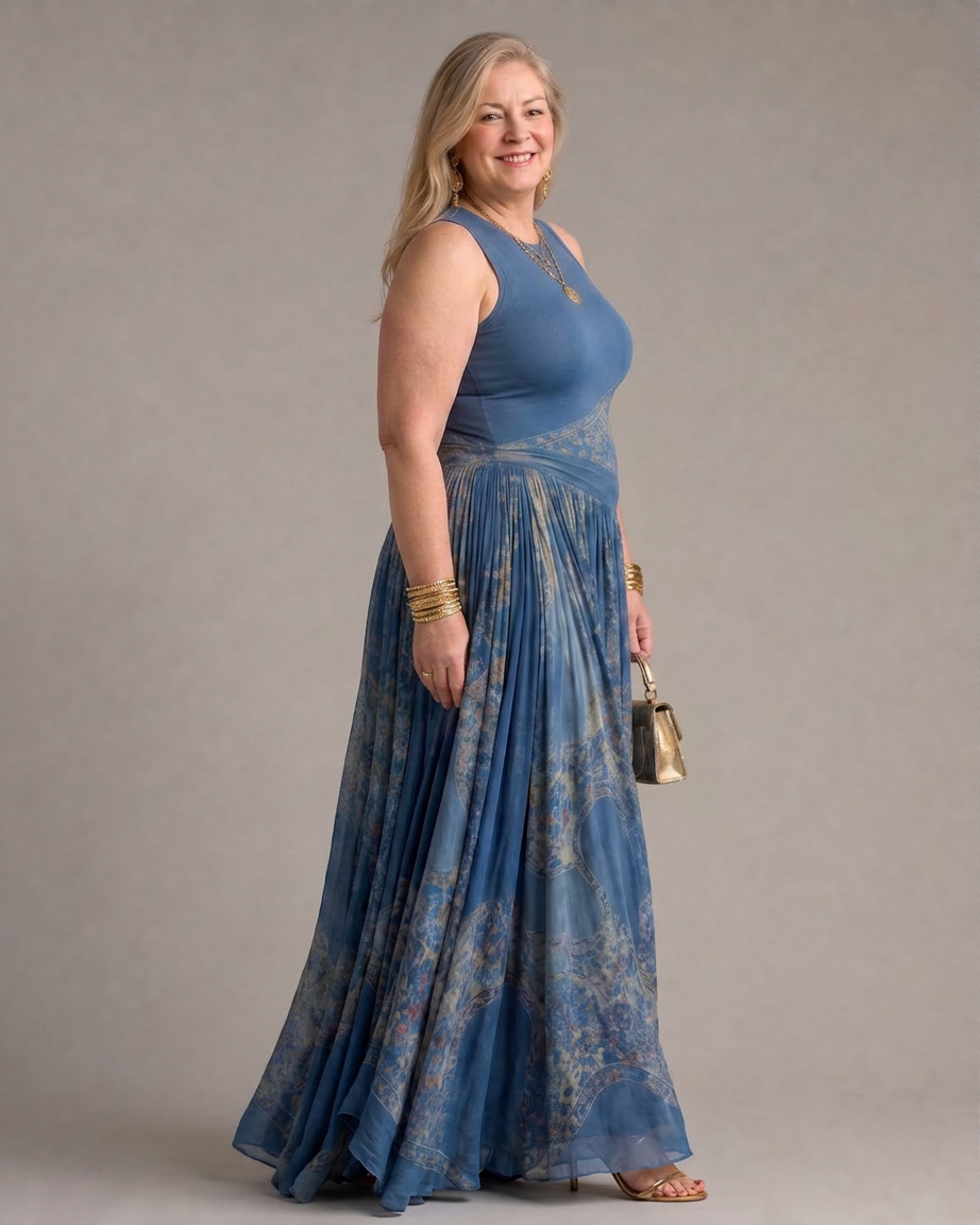 Velisse | Sleeveless Printed Bodice And Flowing Maxi Skirt Set - Plus size model