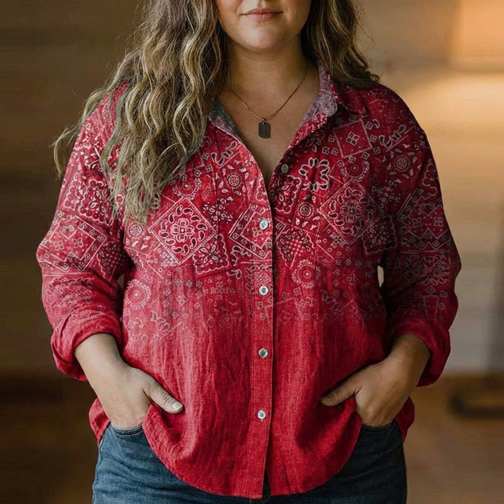 Rebecca | Bohemian Pattern Vintage Blouse - Plus size model
