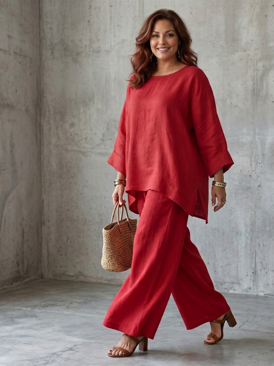 Prue | Oversized Tunic Wide Leg Pant Set - Plus size model