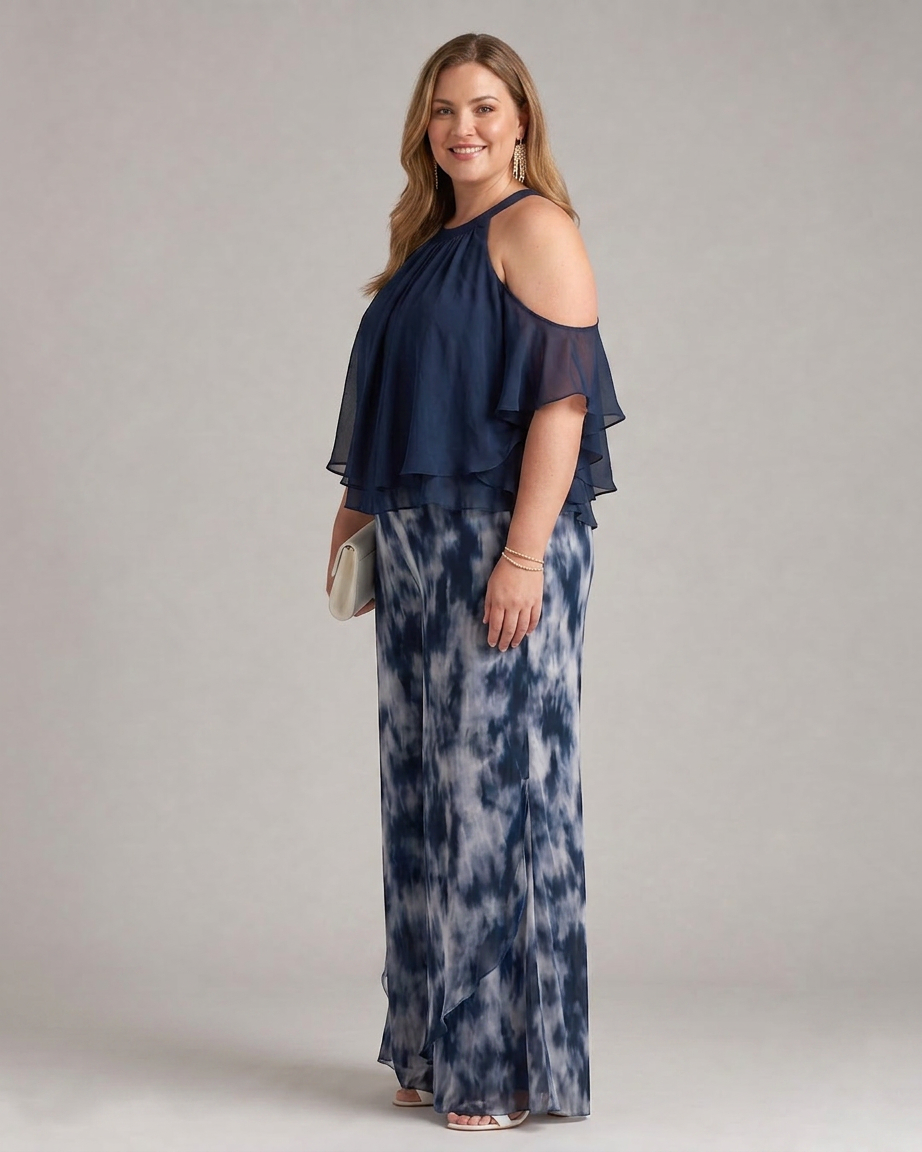 Xylara | Layered Halter Neck Printed Wide Leg Set - Plus size model