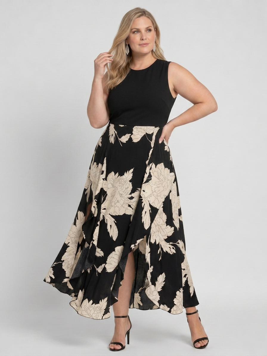 Klasen | Sleeveless Floral Print High Low Hem Midi Dress - Plus size model