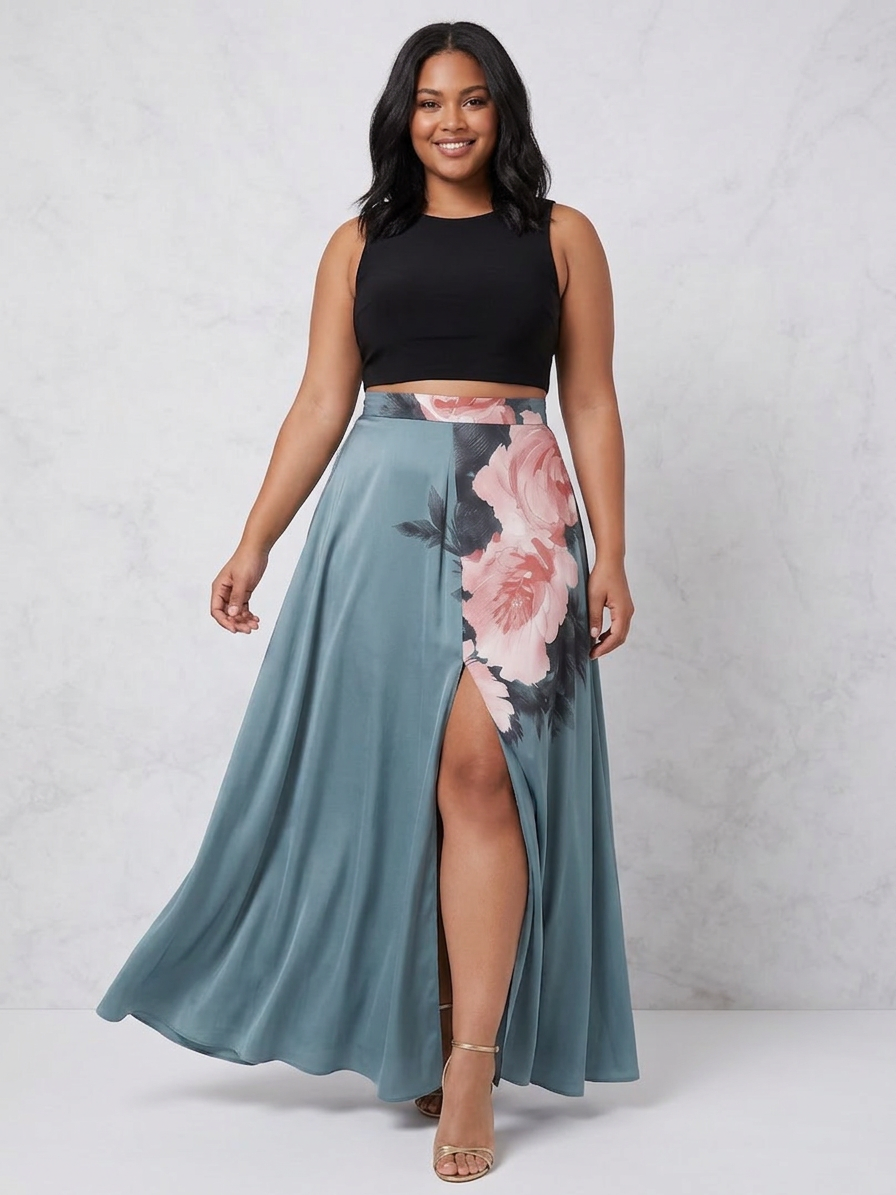 Olympas | Halter Bodice Floral Skirt Maxi Dress - Plus size model