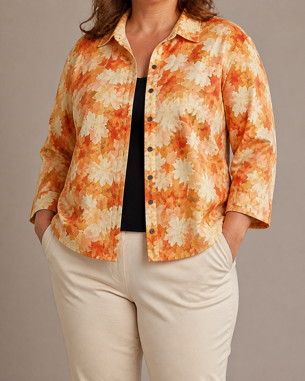 Catherine | Watercolour Leaf Print Relaxed Blouse - Plus size model