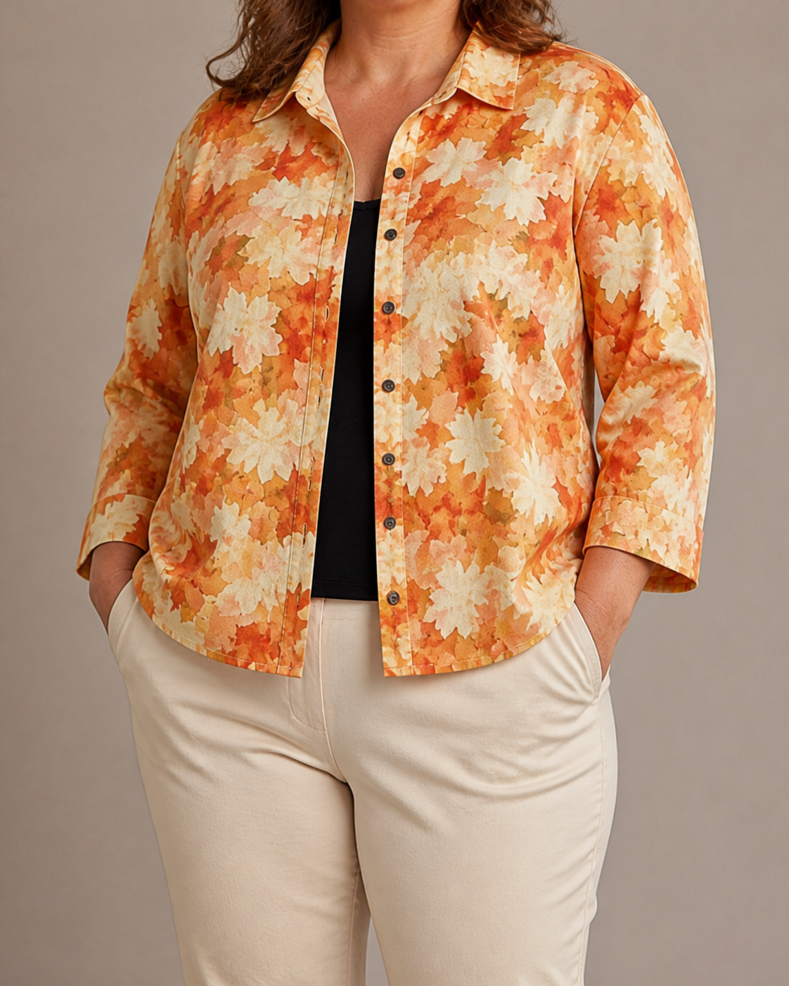 Catherine | Watercolour Leaf Print Relaxed Blouse - Plus size model