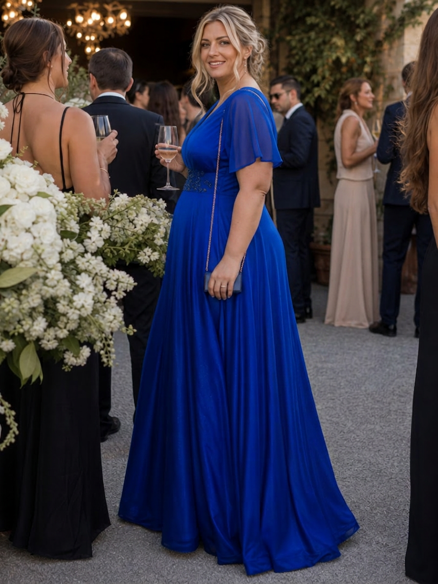 Orelia | Short Sleeve V Neck Flowing Maxi Dress - Plus size model