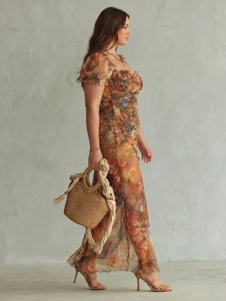 Ciel | Ruffled Sleeve Ruched Slit Midi Dress - Plus size model