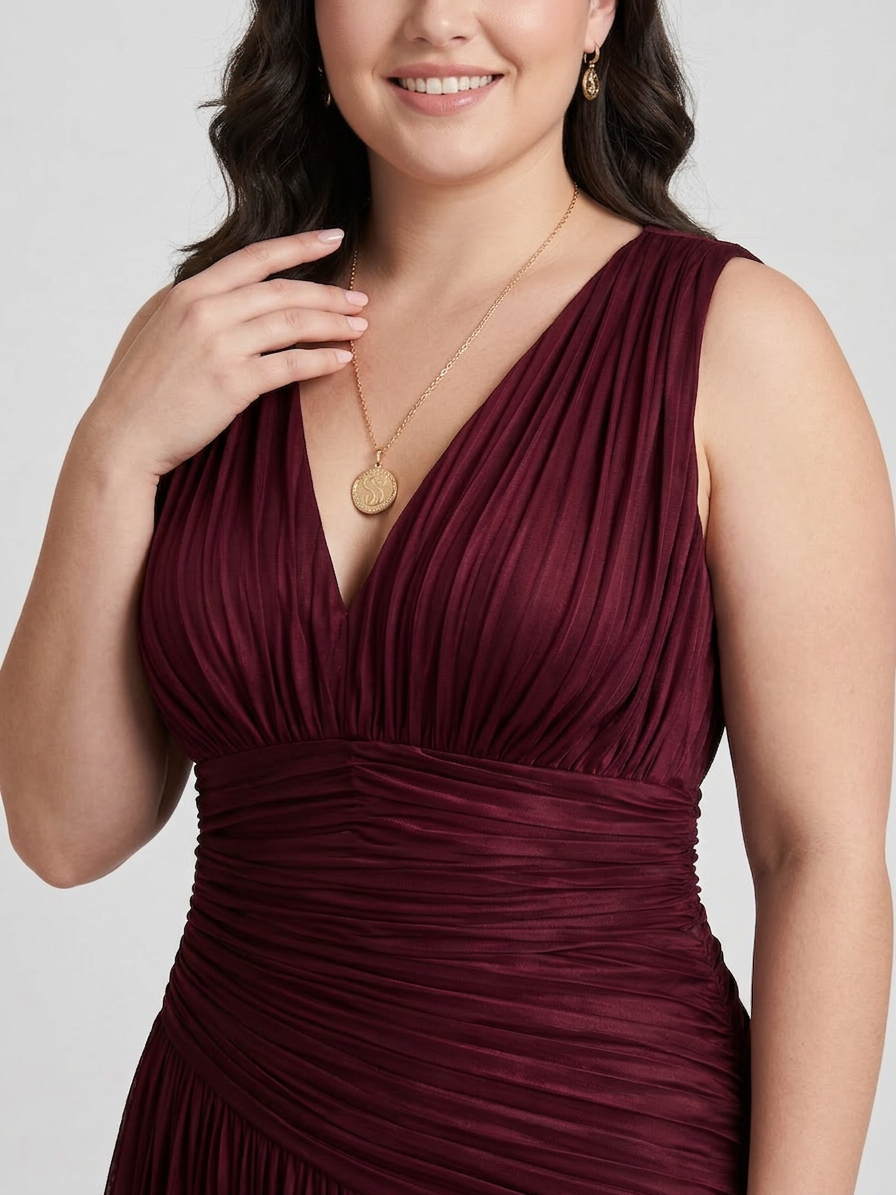 Lemar | Sleeveless Pleated V Neck Midi Dress - Plus size model