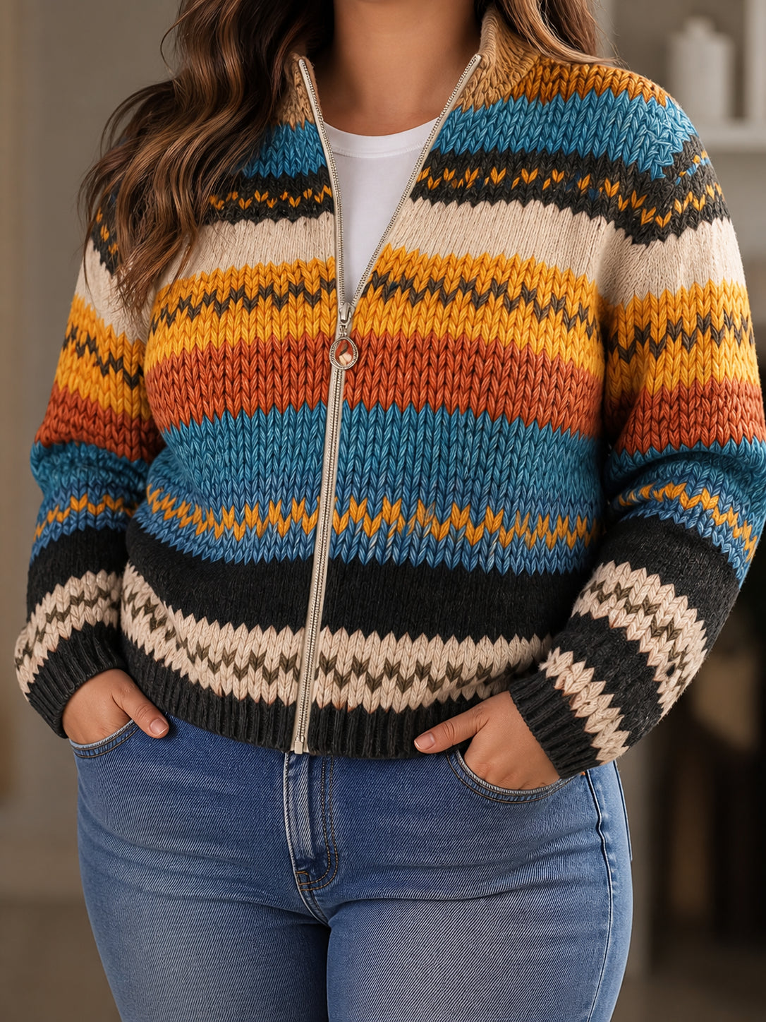 Cheryl | Multicolour Striped Zip Cardigan - Plus size model