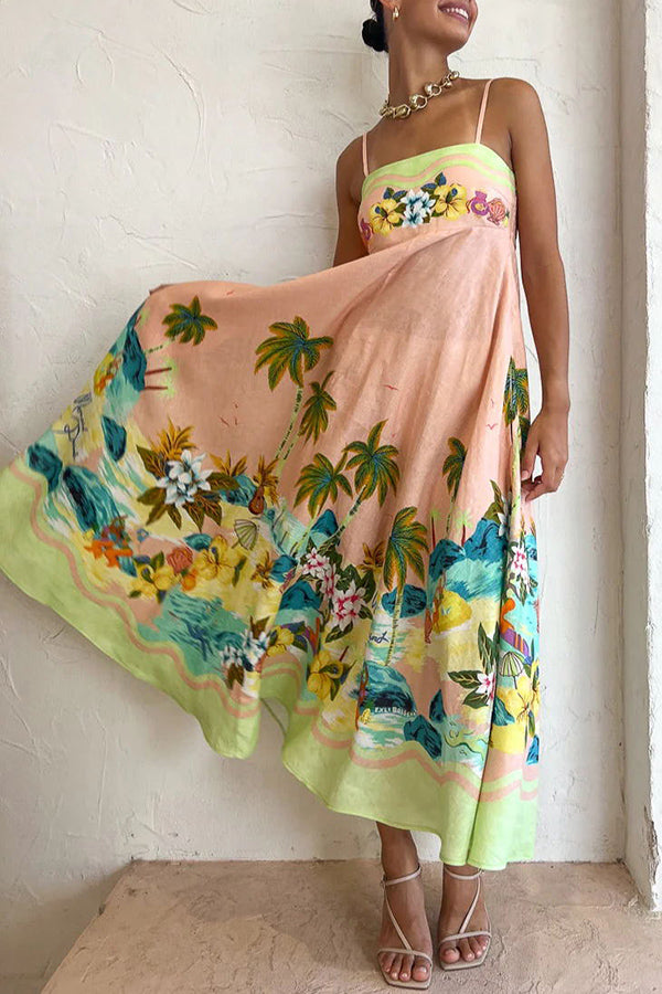 Brooke - Coconut Scenery Linen Blend Tropical Print Smocked Back Midi Dress