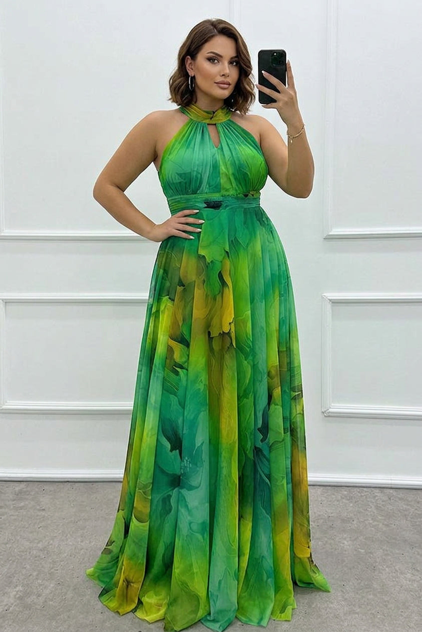 Elaine - Tulle maxi dress with floral print, cut-outs and halterneck - Plus size model