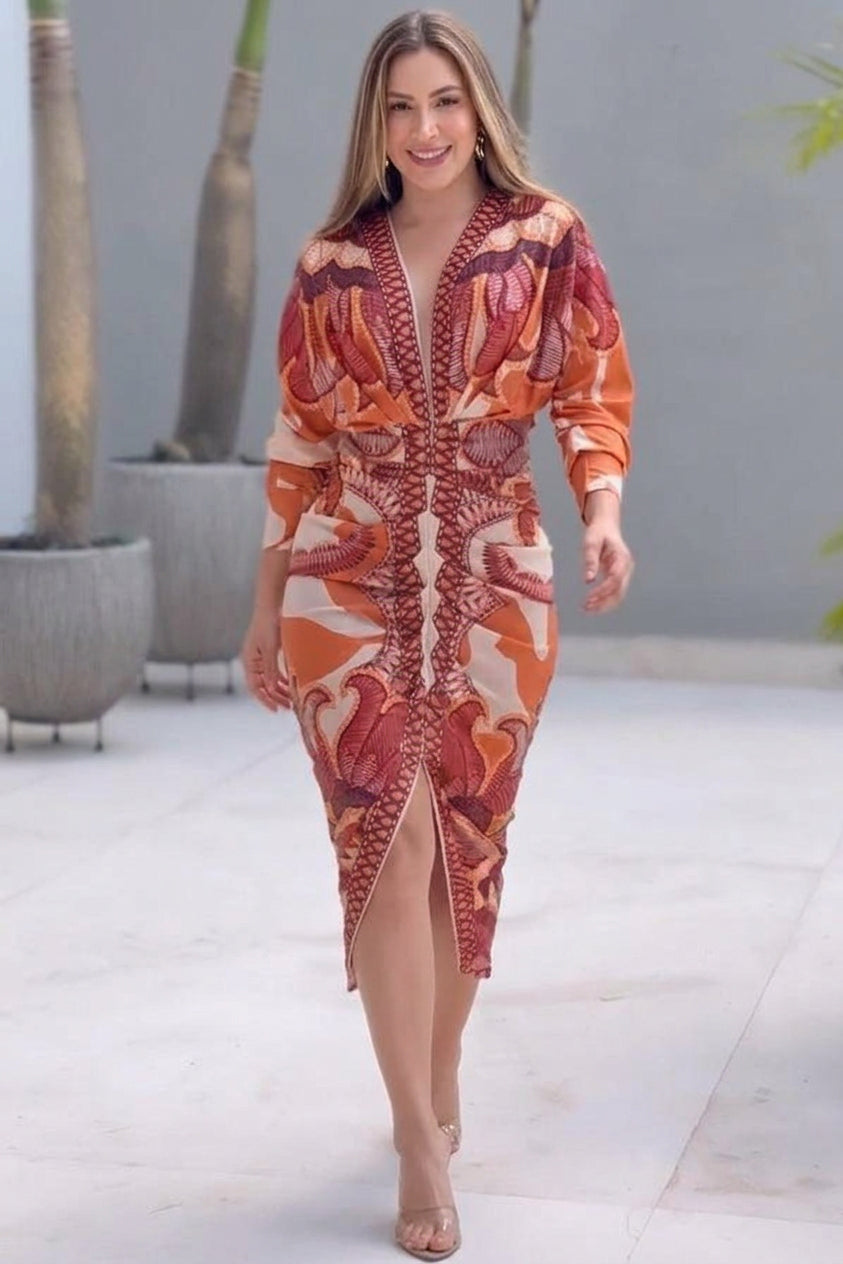 Eva | Sun Escape Unique Print Dolman Midi Dress - Plus size model