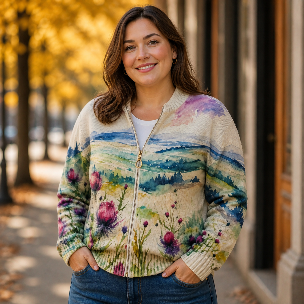 Linda | Artistic Zip Cardigan - Plus size model