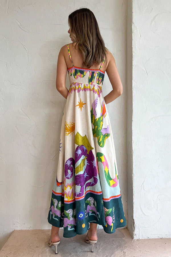 Kayla - Feel Effortlessly Linen Blend Unique Print Smocked Back Midi Dress