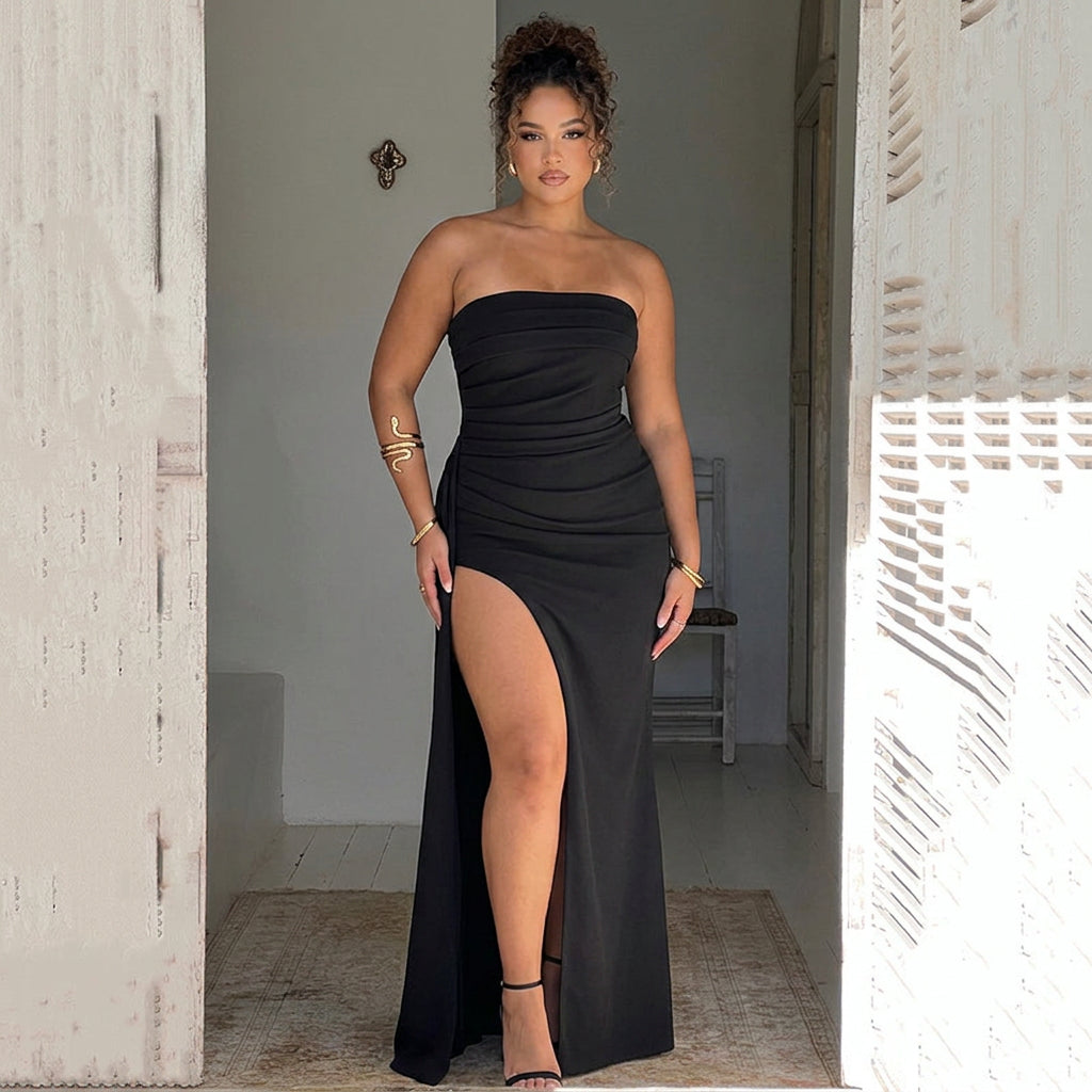 Maxine | Elegant Strapless Ruched High-Slit Maxi Dress - Plus size model