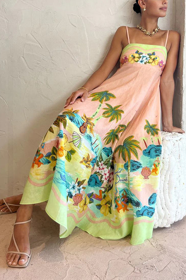 Brooke - Coconut Scenery Linen Blend Tropical Print Smocked Back Midi Dress