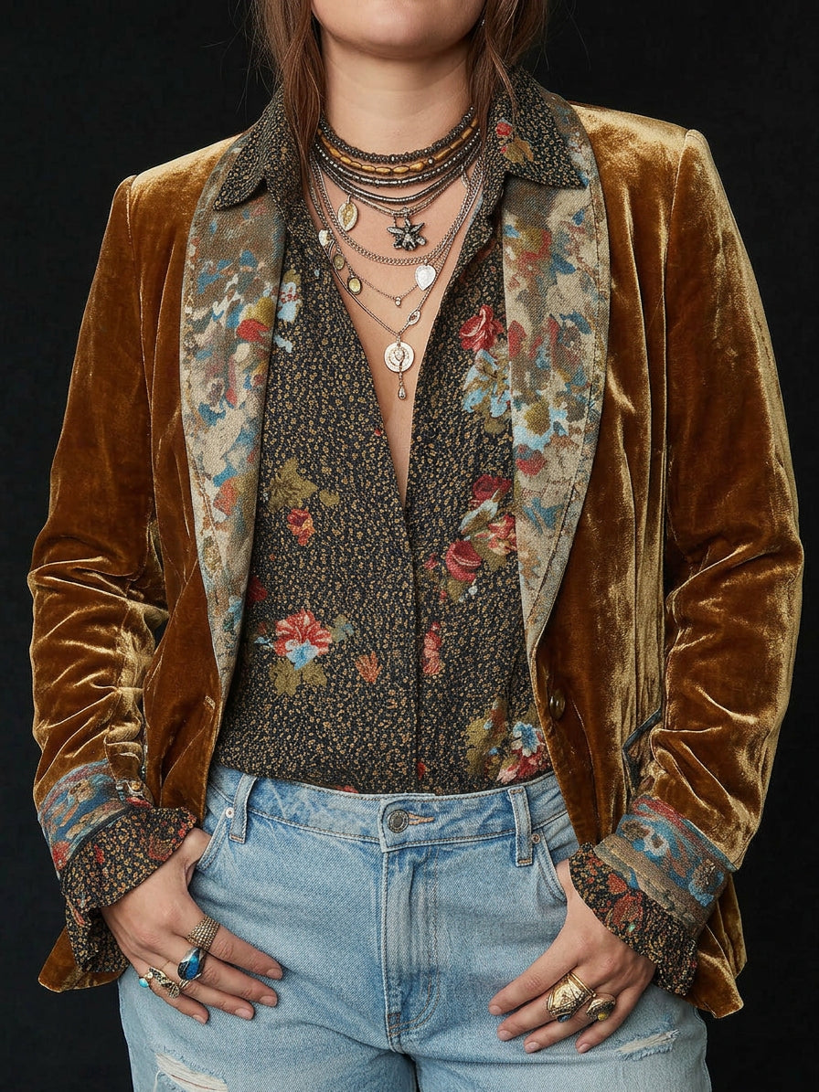 Women’s Vintage Floral Print Patchwork Blazer - Plus size model
