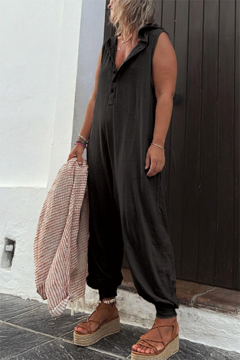 Kendall - Ryker Pocketed Half Button Hooded Jumpsuit - Plus size model