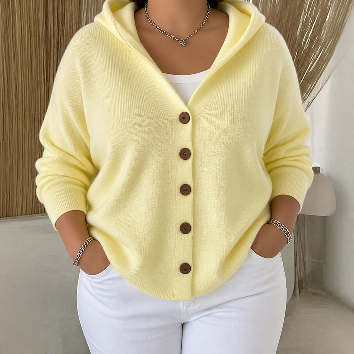 Darienne | Hooded Button-Up Knit Cardigan - Plus size model