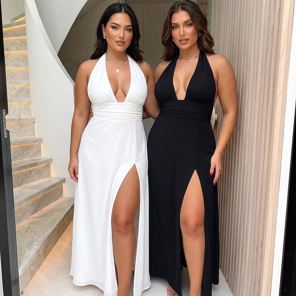 Emma | Elegant Halter Neck High-Slit Maxi Dress - Plus size model