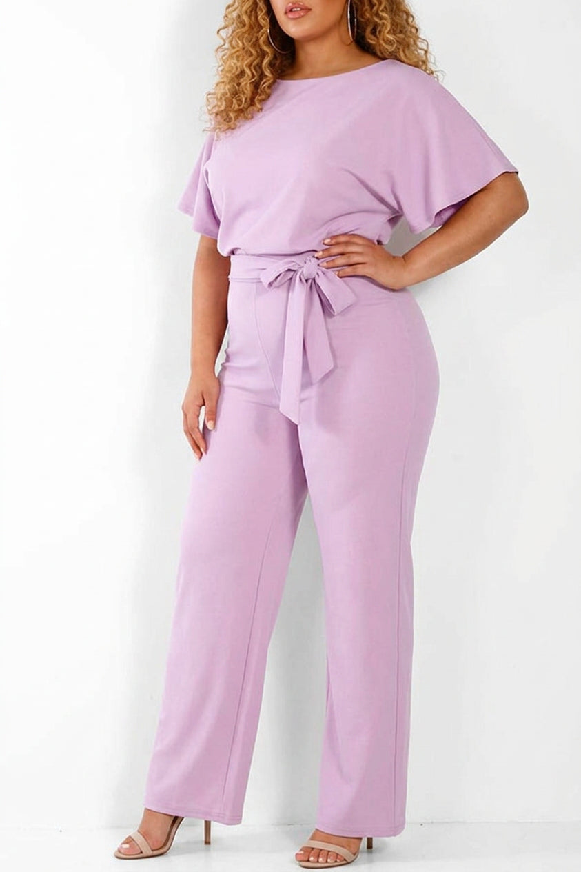 Delaney - Summer button tie short sleeved Jumpsuit - Plus size model