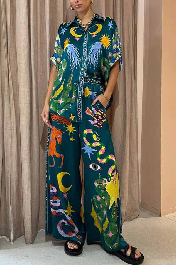 Pierson - Linen Blend Unique Print Elastic Waist Pocketed Wide Leg Pants