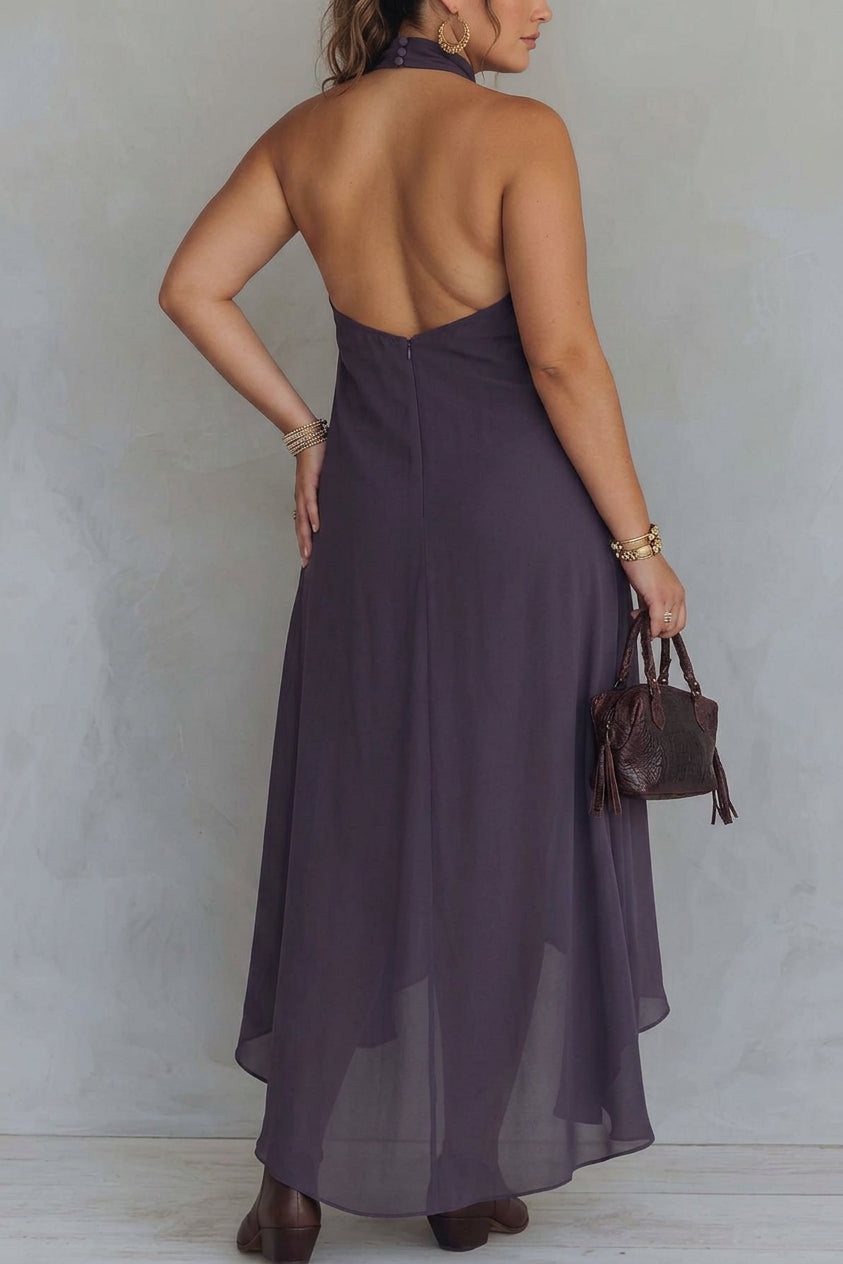 Callie - Boho Deep Purple Halter Embroidered Asymmetrical Dress - Plus size model