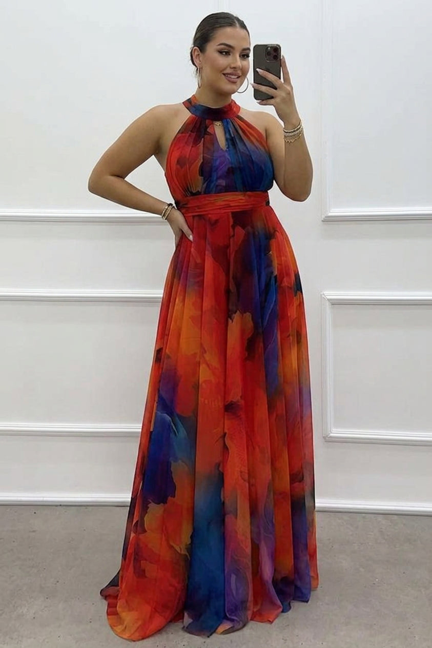 Elaine - Tulle maxi dress with floral print, cut-outs and halterneck - Plus size model