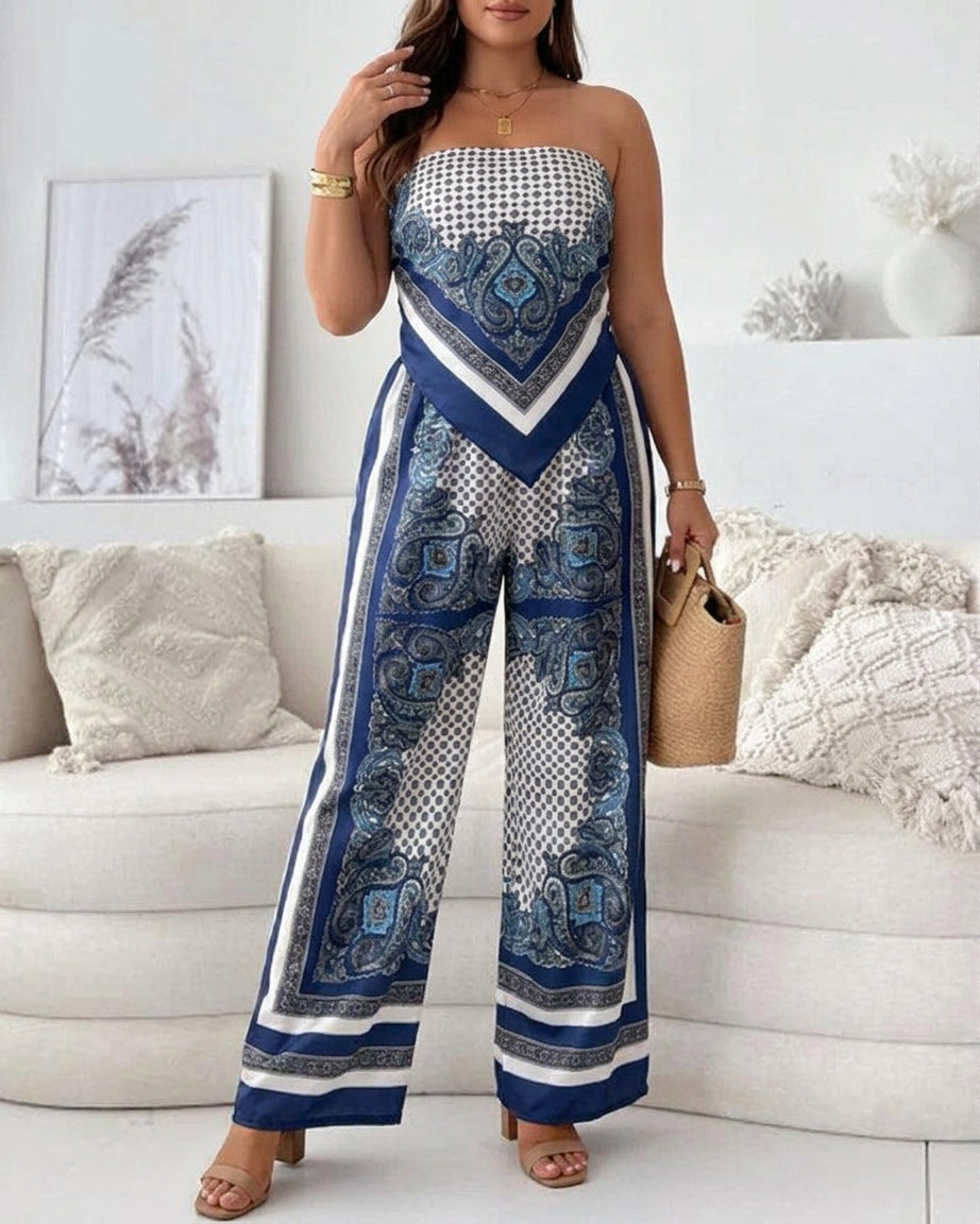 Helen | Vacation Ready Stylish Lace-Up Vest & Pants Two-Piece Set Dress - Plus size model
