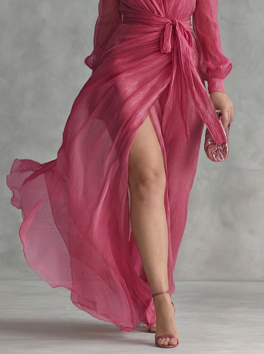 Elegant long pink chiffon dress with pearls and V-neck for women - Plus size model