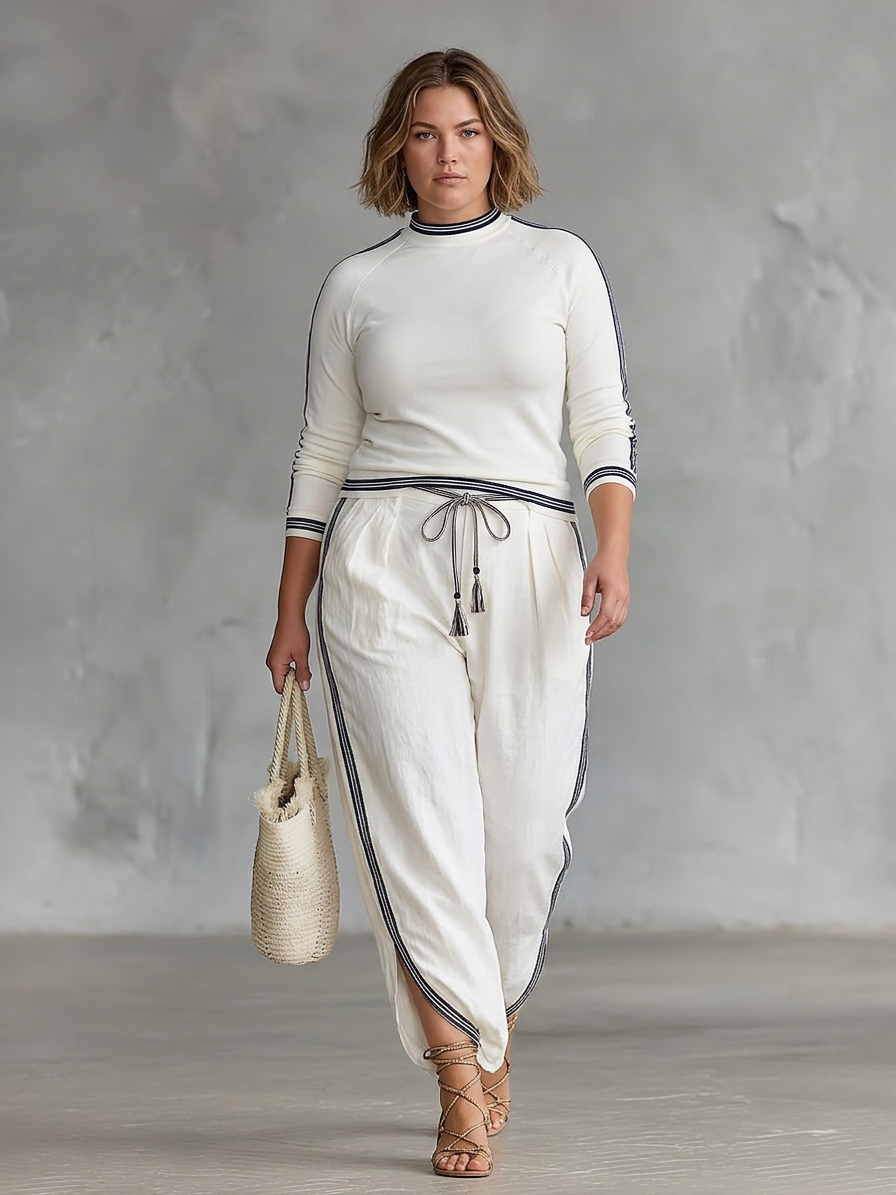 Women's Two-Piece Set: Long Sleeve Sporty T-Shirt with High Neck and Loose Pants with Drawstring - Plus size model