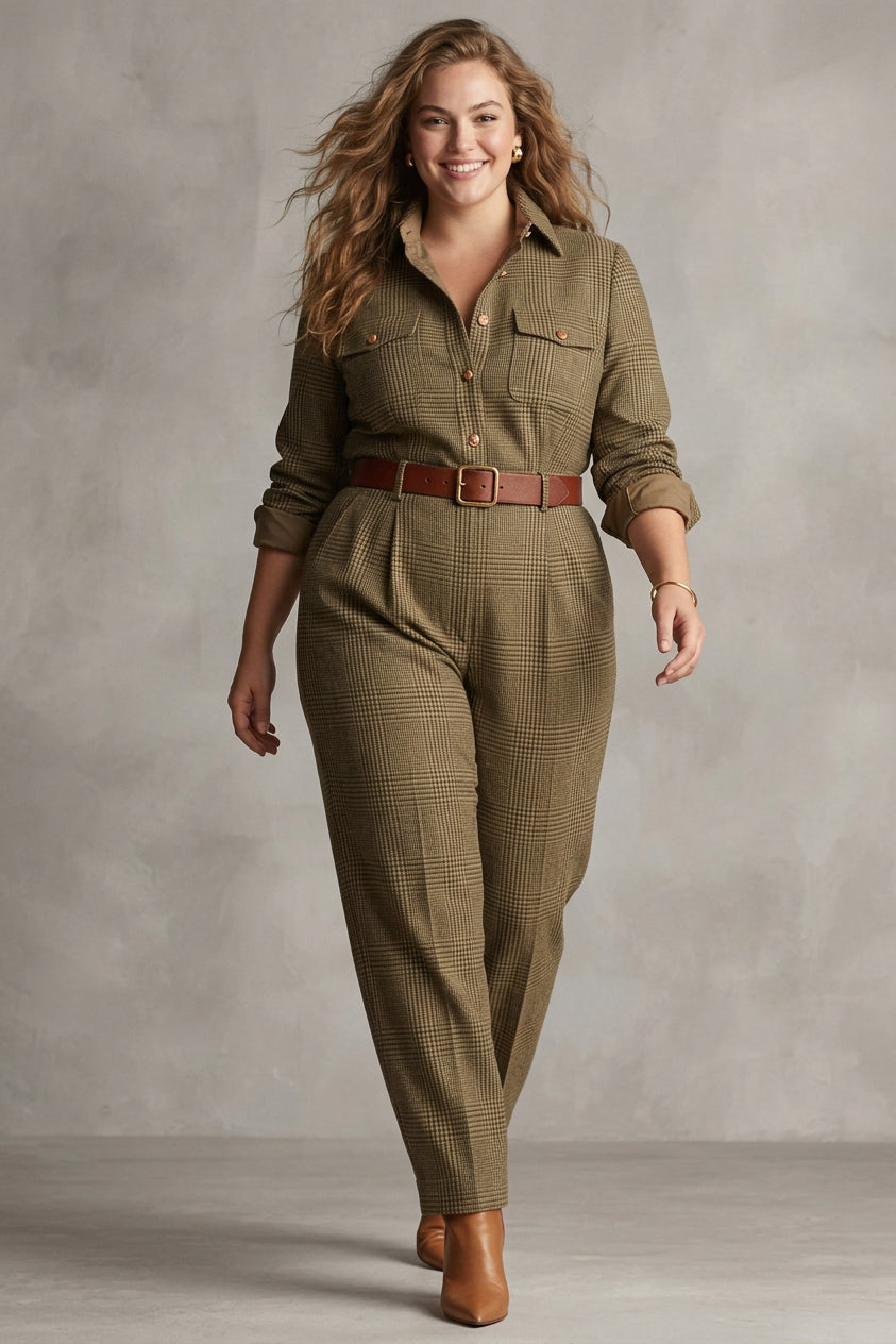 Skylar - Brown Sophisticated Tweed Texture Plaid Utility Jumpsuit - Plus size model