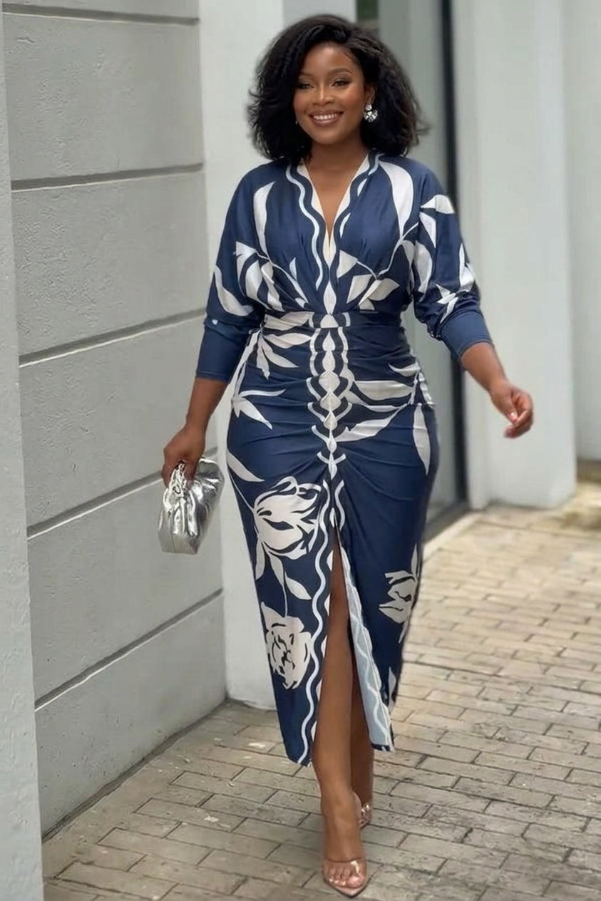 Eva | Sun Escape Unique Print Dolman Midi Dress - Plus size model