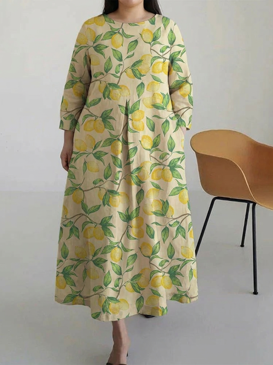 Women's Casual Lemon Tree Print Long Sleeve Midi Dress - Plus size model