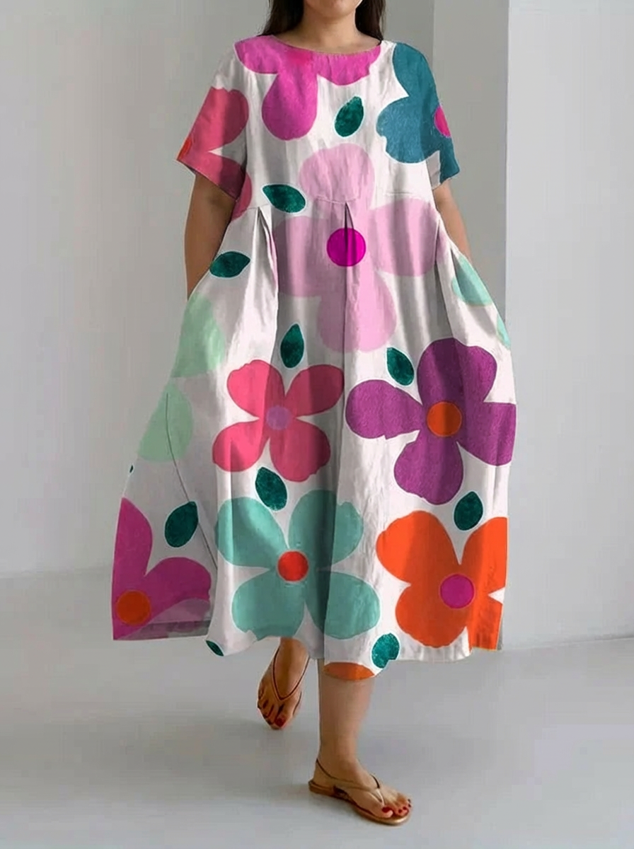 Women's Retro Botanical Floral Design Printed Casual Loose Dress - Plus size model