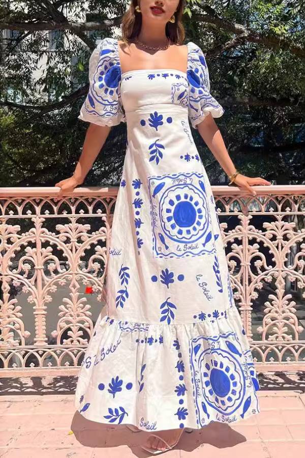 Melissa - Looking for Sunshine Floral Print Square Neck Bubble Sleeve Maxi Dress