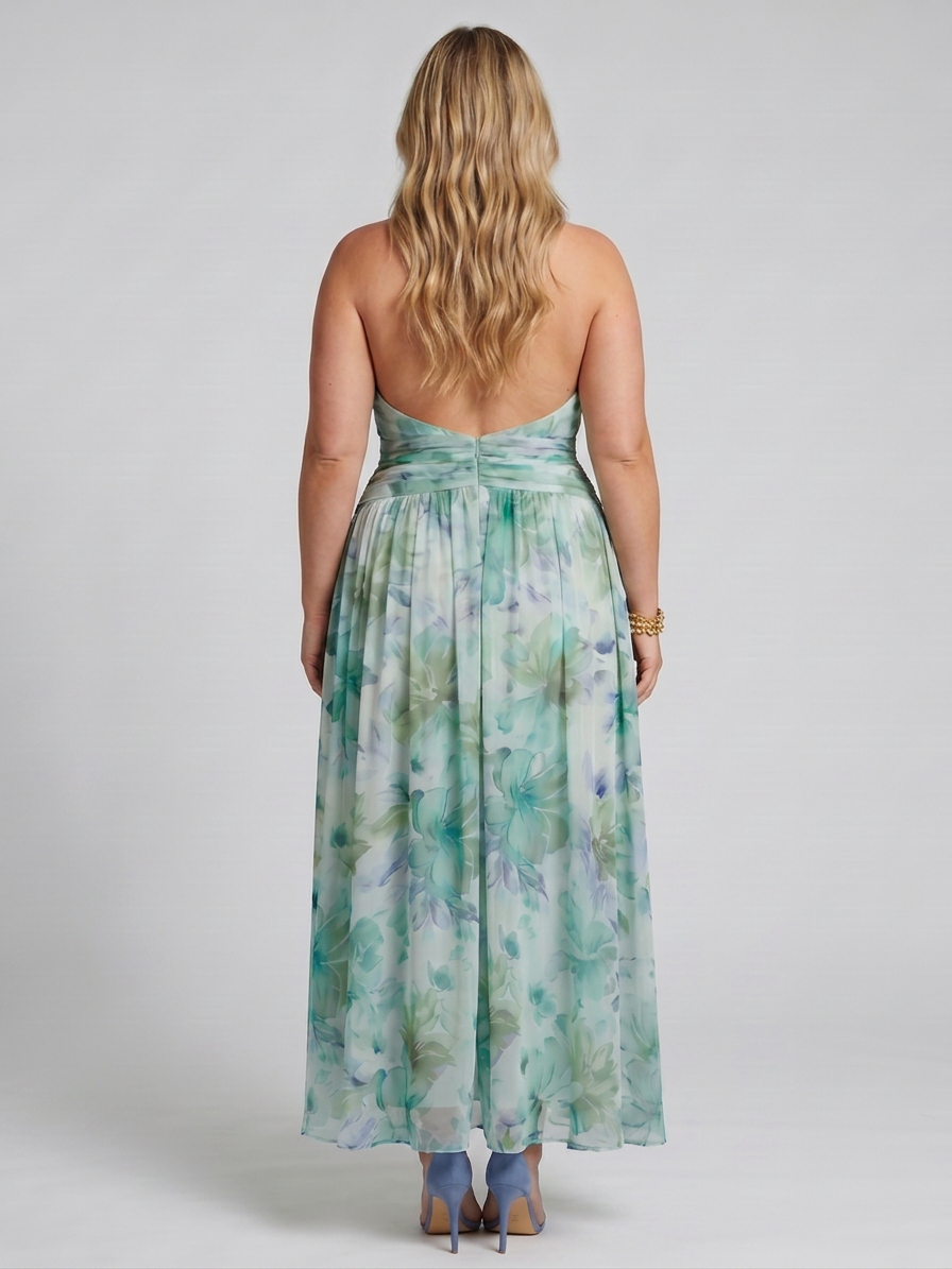 Portia | Pleated Halter Soft Floral Pattern Midi Dress - Plus size model