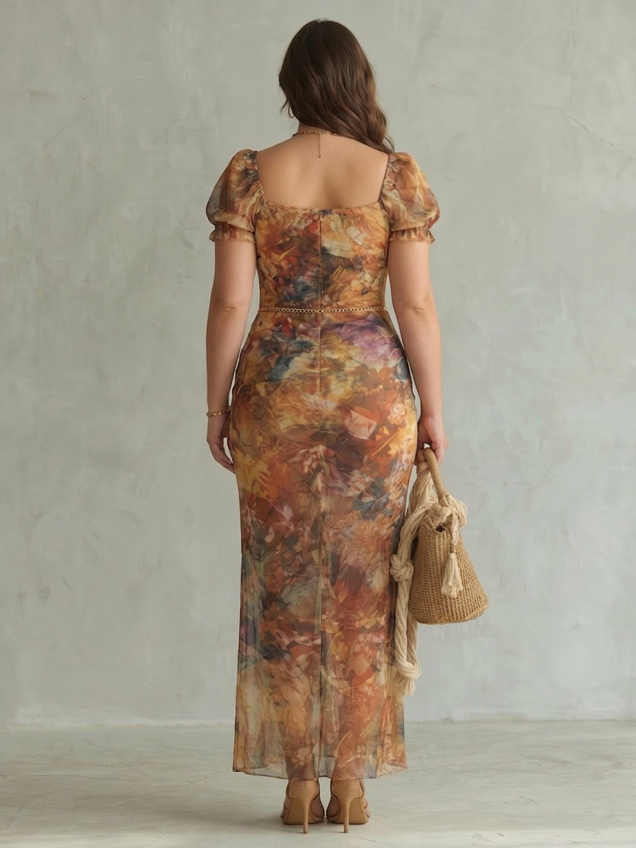 Ciel | Ruffled Sleeve Ruched Slit Midi Dress - Plus size model