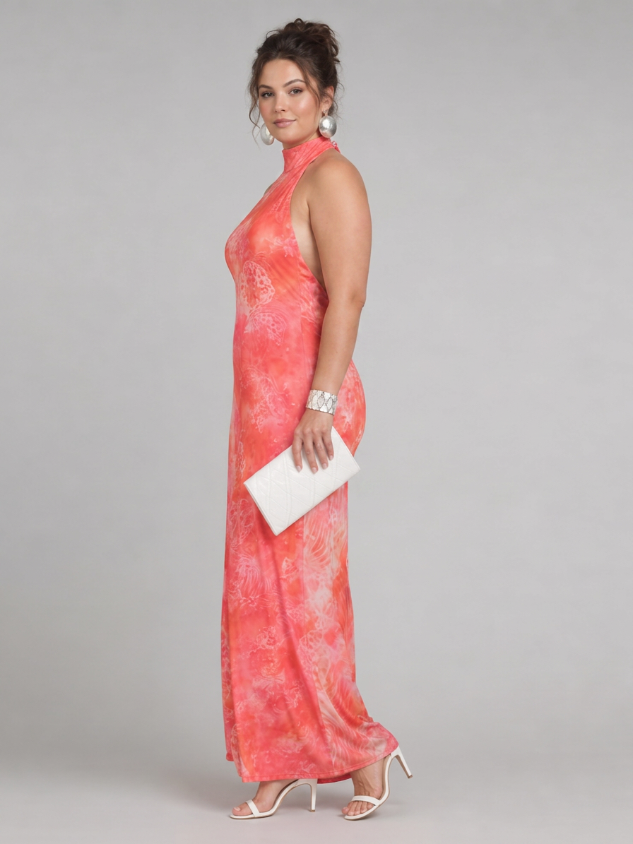 Coraline | Halter Neck Printed Pattern Maxi Dress - Plus size model